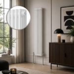 Aura 3 Column Vertical Radiator 1800x290mm White installed in a modern interior with close-up inset highlighting the smooth white finish.
