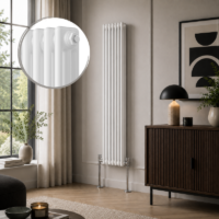 Aura 3 Column Vertical Radiator 1800x290mm White installed in a modern interior with close-up inset highlighting the smooth white finish.