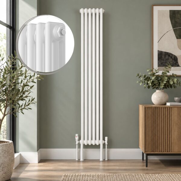 White Aura 3 column vertical radiator, 1800mm x 290mm, with a close-up of the column detail.