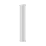 White vertical column radiator with slim modern design on a plain background.