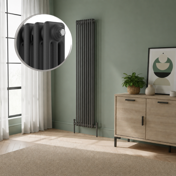 Aura 3 Column Vertical Radiator 1800x335mm Anthracite installed in a modern interior with close-up inset highlighting the textured anthracite finish.