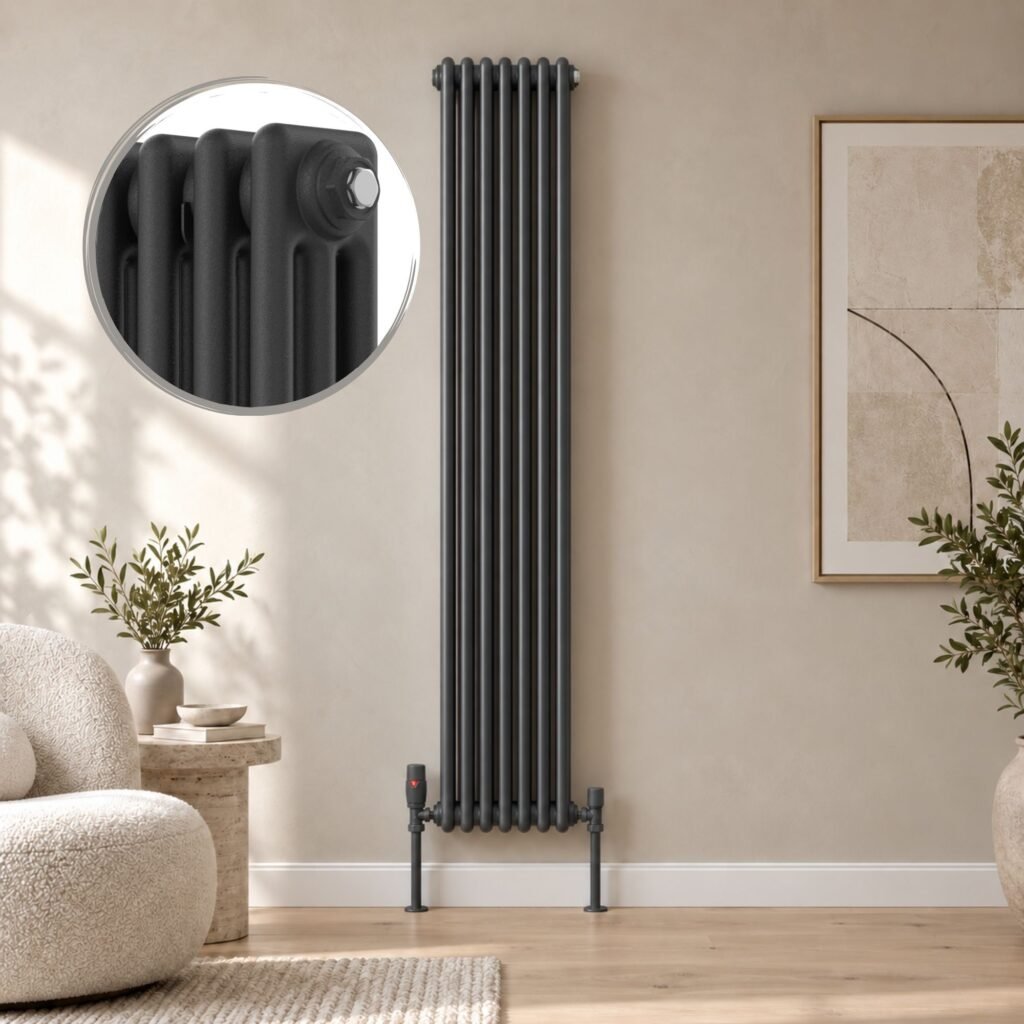Anthracite Aura 3 column vertical radiator, 1800mm x 335mm, installed in a modern neutral living room.