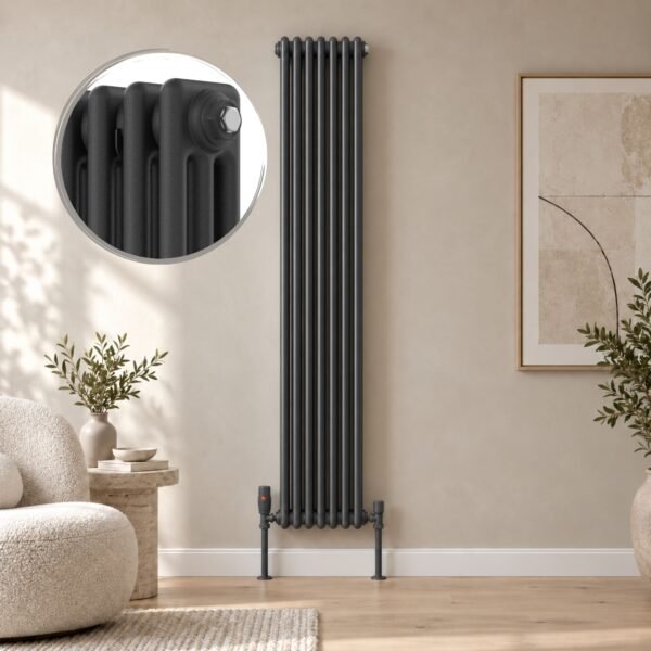 Anthracite Aura 3 column vertical radiator, 1800mm x 335mm, installed in a modern neutral living room.