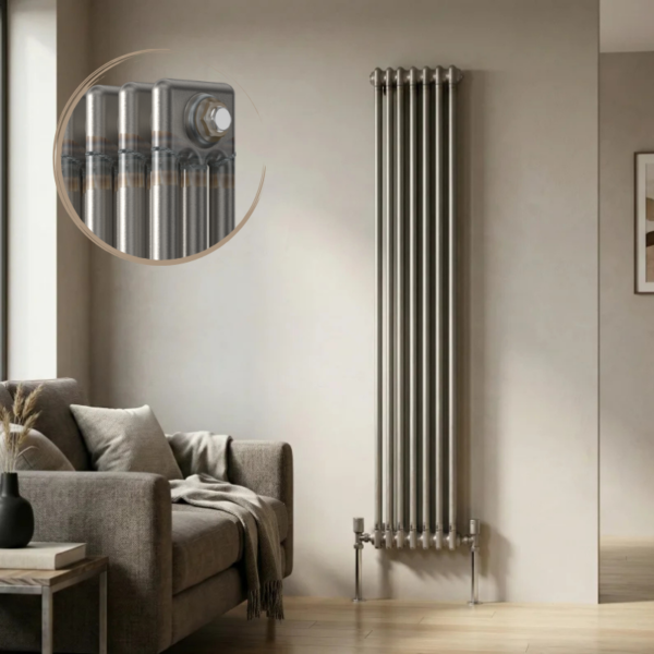 Aura 3 Column Vertical Radiator 1800x335mm Raw Metal installed in a modern living room with close-up inset highlighting the premium raw metal finish.