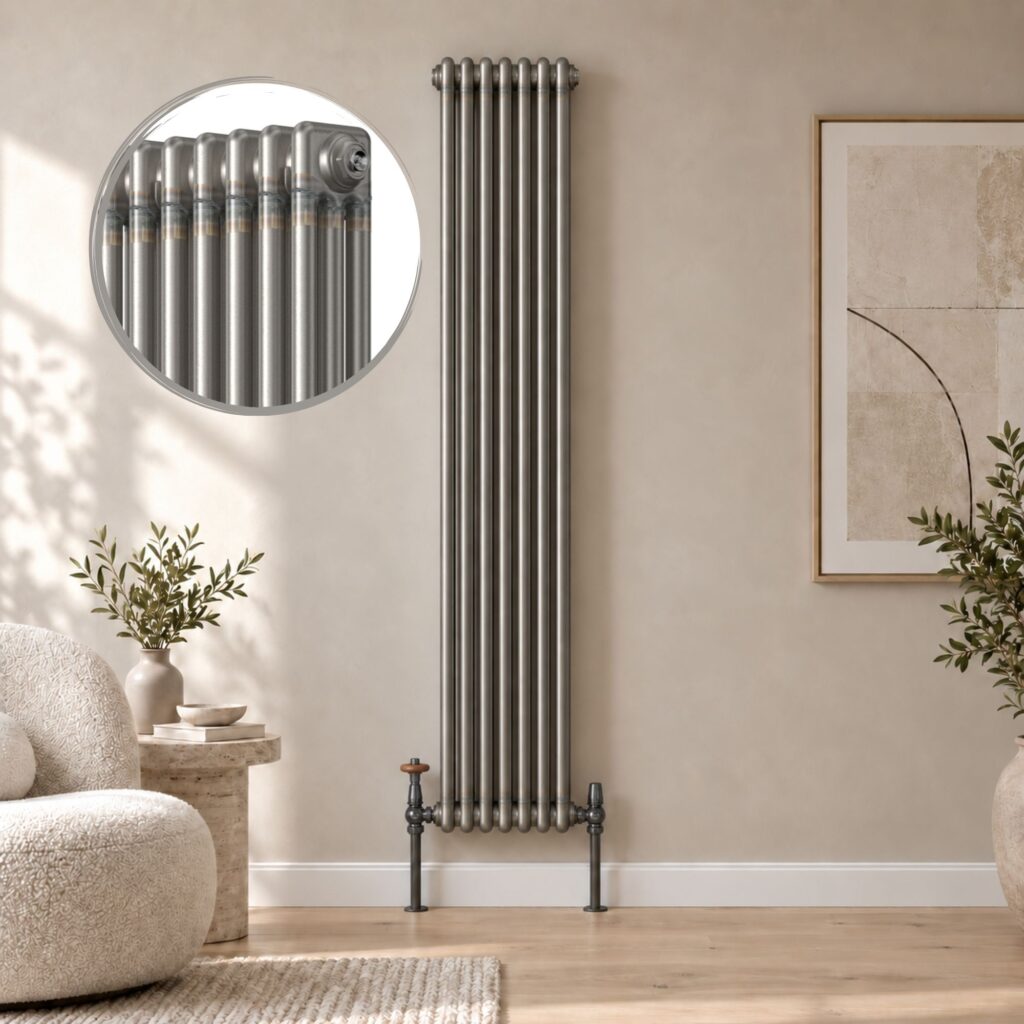 Aura 3 column vertical radiator, 1800mm x 335mm, in a raw metal finish with close-up detail.