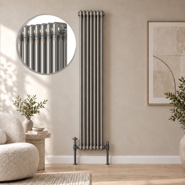 Aura 3 column vertical radiator, 1800mm x 335mm, in a raw metal finish with close-up detail.