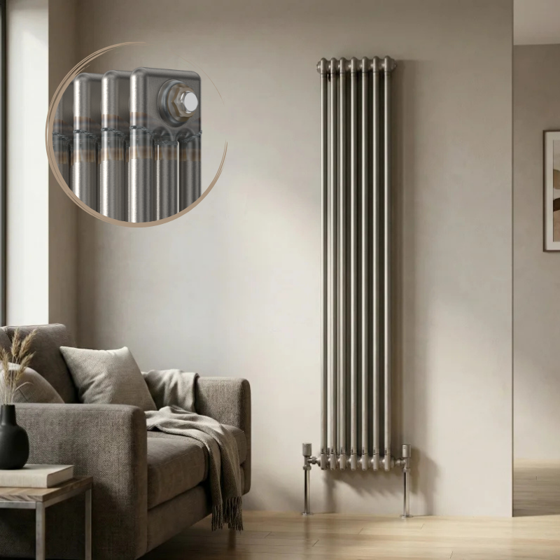 Aura 3 Column Vertical Radiator 1800x335mm Raw Metal installed in a modern living room with close-up inset highlighting the premium raw metal finish.