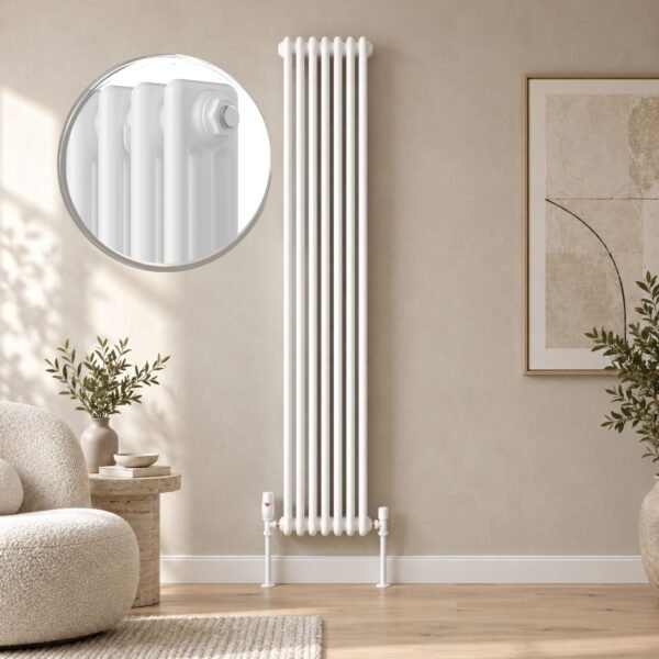 White Aura 3 column vertical radiator, 1800mm x 335mm, installed in a modern neutral living room.