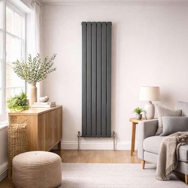 Single Flat Vertical Designer Radiator 1600mm x 452mm Anthracite Roomshot
