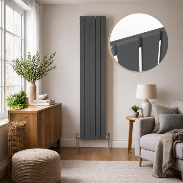 Luna Single Flat Vertical Designer Radiator 1600x376mm Anthracite installed in a modern luxury living room with sleek flat panel styling.