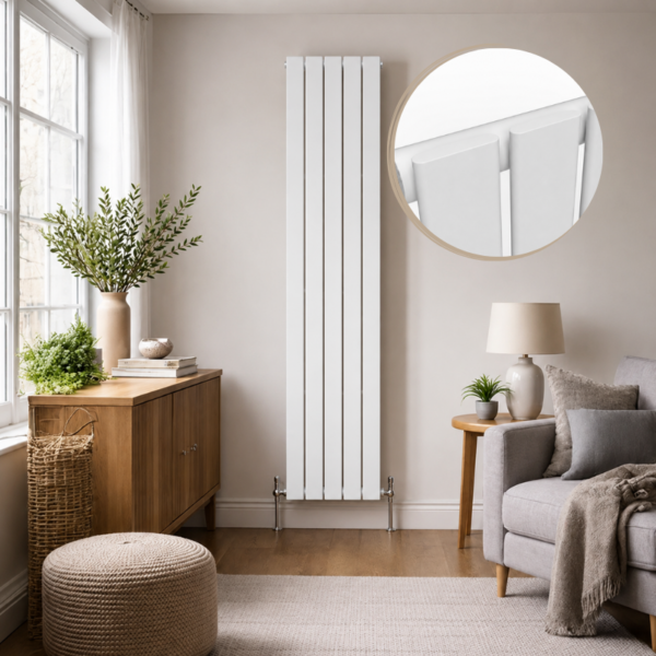 Luna Single Flat Vertical Designer Radiator 1600x376mm White installed in a modern luxury living room with close-up inset highlighting the flat panel design.