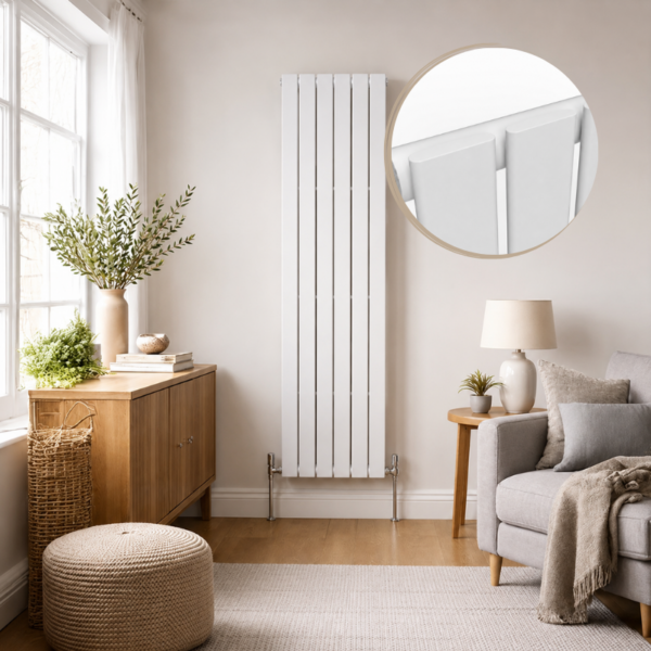 A tall, slim Luna single flat vertical designer radiator in matte white, mounted on a neutral wall in a modern, cozy living room next to a grey armchair and wooden sideboard.