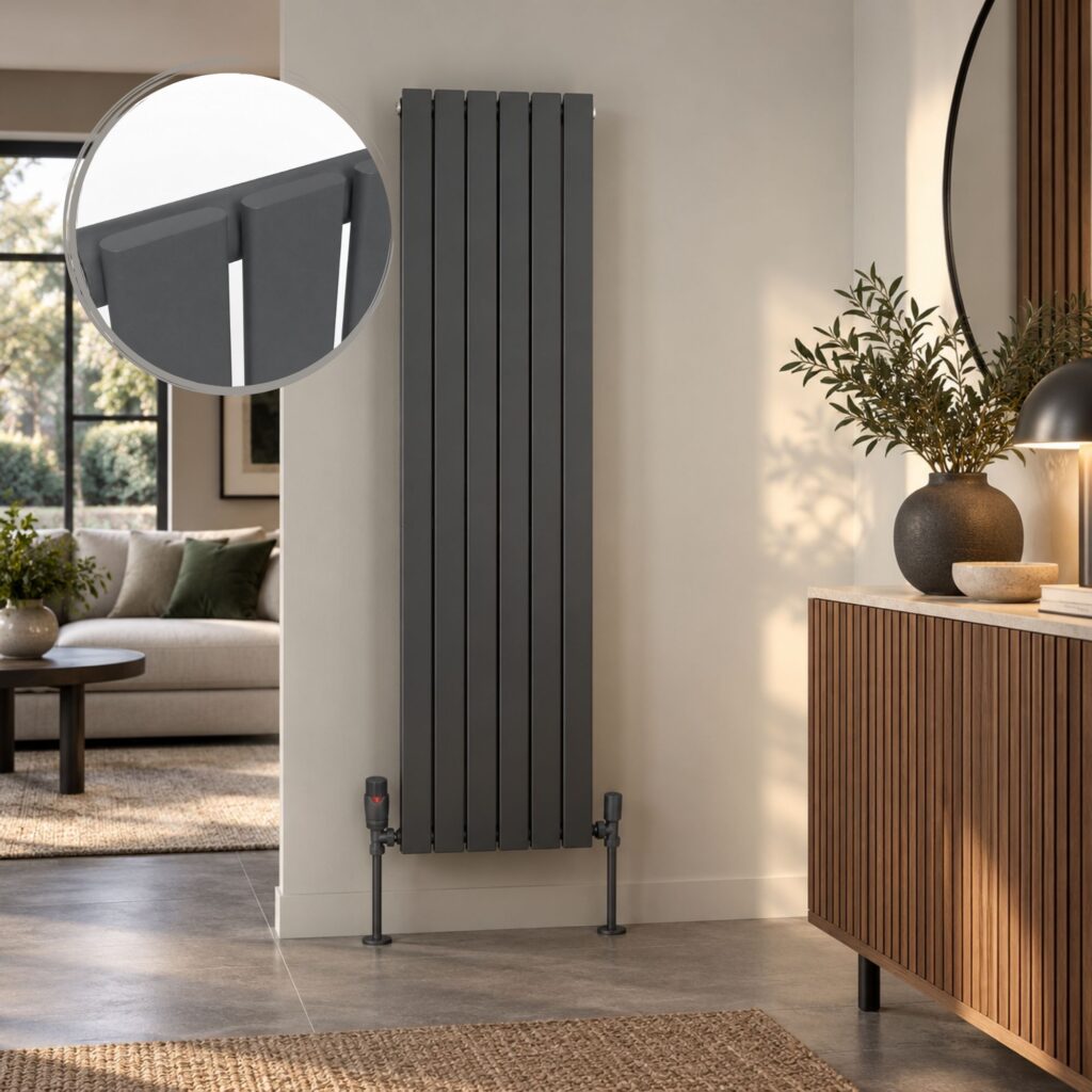 Luna Single Flat Vertical Designer Radiator 1800mm x 452mm in Anthracite with close-up of flat panel design