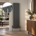 Luna Single Flat Vertical Designer Radiator 1800mm x 452mm in Anthracite with close-up of flat panel design