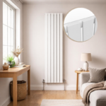 Luna Single Flat Vertical Designer Radiator 1800mm x 452mm White installed in a modern neutral living room with slim flat panel design and white finish