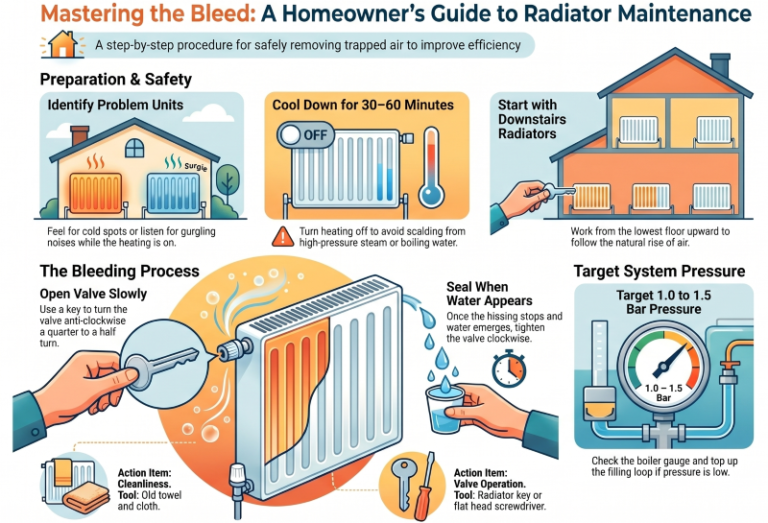 Step-by-step radiator bleeding infographic showing how to identify trapped air, safely bleed a radiator, check boiler pressure, and restore heating efficiency in a home central heating system.
