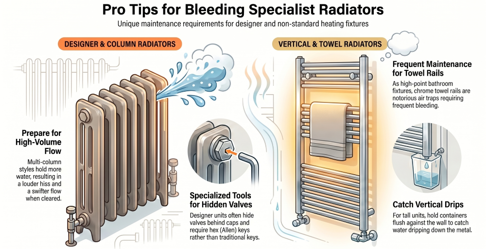 Infographic providing expert advice for bleeding designer radiators, column radiators, vertical radiators, and towel rails, including hidden valve access, water collection tips, and maintenance recommendations.