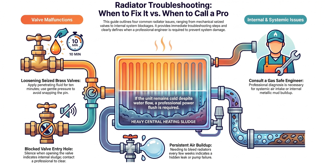 Radiator troubleshooting infographic showing common heating system problems including seized valves, blocked valve entry points, persistent air buildup, heating sludge, and situations where a Gas Safe engineer should be consulted.