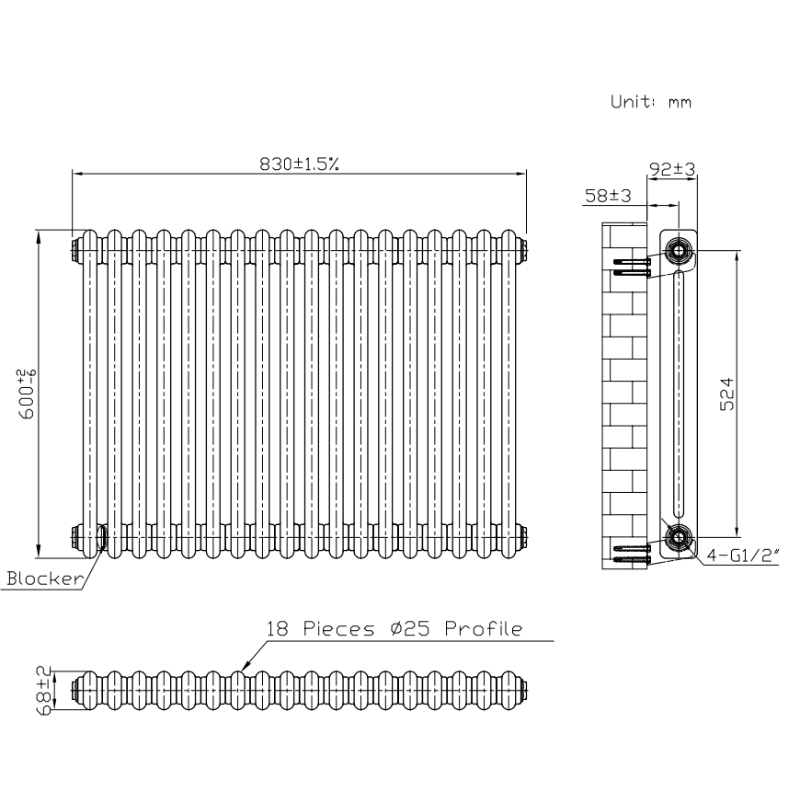 TRH 2 Column Horizontal Radiator 600 x 830 White Technical Info TRH 2 Column Horizontal Radiator 600mm x 830mm White - Image 5