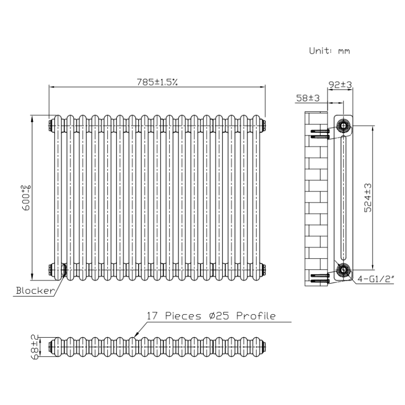 TRH 2 Column Horizontal Radiator Anthracite Technical Info TRH 2 Column Horizontal Radiator 600mm x 785mm Anthracite - Image 5