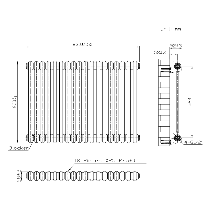 TRH 2 Column Horizontal Radiator Anthracite Technical Info TRH 2 Column Horizontal Radiator 600mm x 830mm Anthracite - Image 5