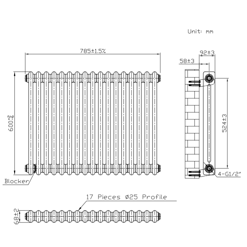 TRH 2 Column Horizontal Radiator Raw Metal Technical Info TRH 2 Column Horizontal Radiator 600mm x 785mm Raw Metal - Image 5
