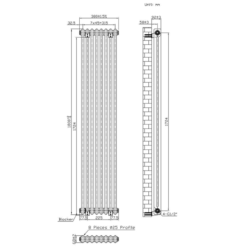 TRH 2 Column Vertical Radiator Anthracite Full Technical Info TRH 2 Column Vertical Radiator 1800mm x 380mm Anthracite - Image 5