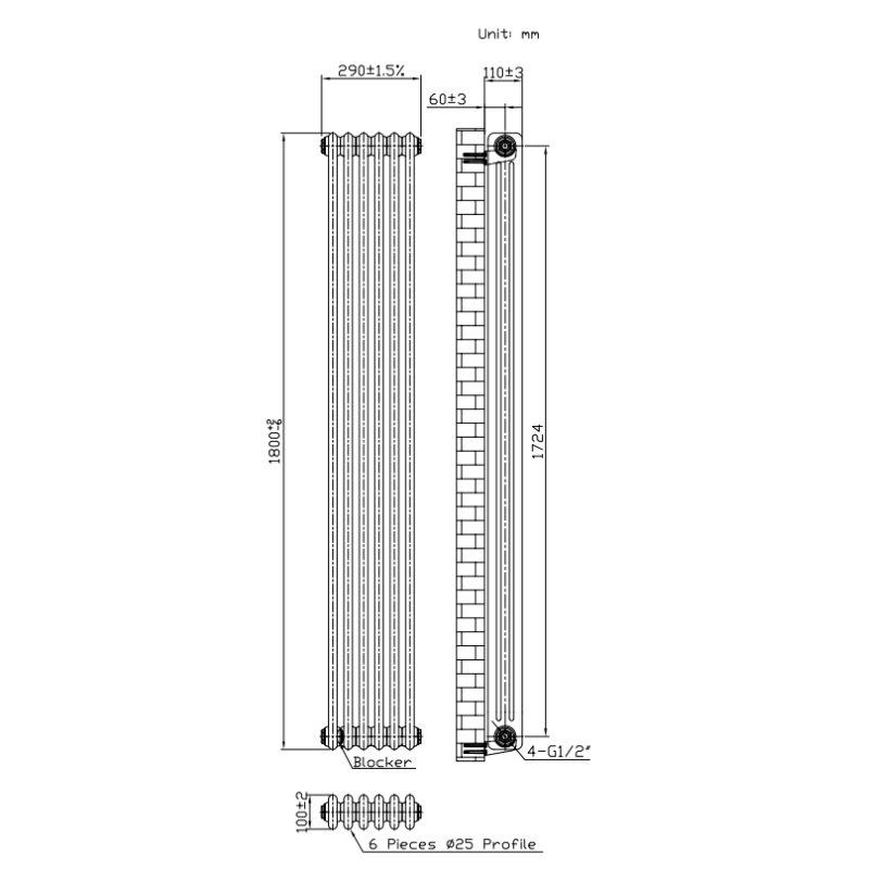TRH 3 Column Vertical Radiator Bare Metal Lacquer 1800 x 290 Full Technical Info TRH 3 Column Vertical Radiator 1800mm x 290mm Raw Metal - Image 5