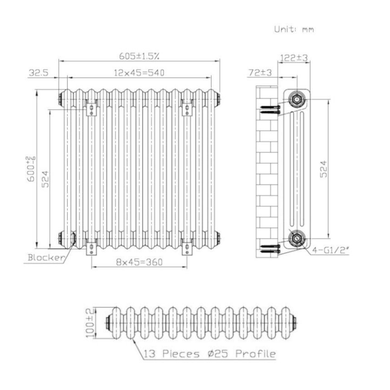 TRH 3 Column Vertical Radiator White Full Technical Info TRH 3 Column Horizontal Radiator 600mm x 605mm White - Image 5