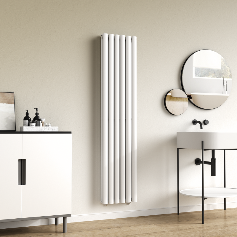 TRH Double Oval Vertical Designer Radiator 1600mm x 360mm White Roomshot TRH Double Oval Vertical Designer Radiator 1600mm x 360mm White - Image 2