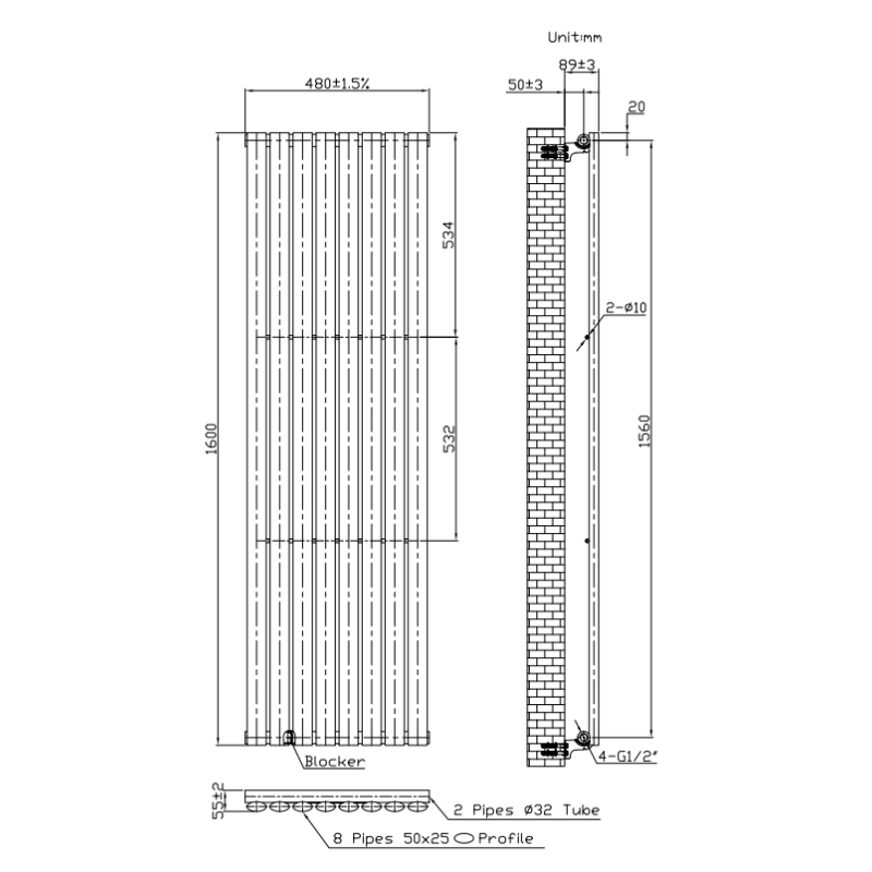 TRH Double Oval Vertical Designer Radiator 1600mm x 480mm Anthracite Technical Info TRH Double Oval Vertical Designer Radiator 1600mm x 480mm Anthracite - Image 5