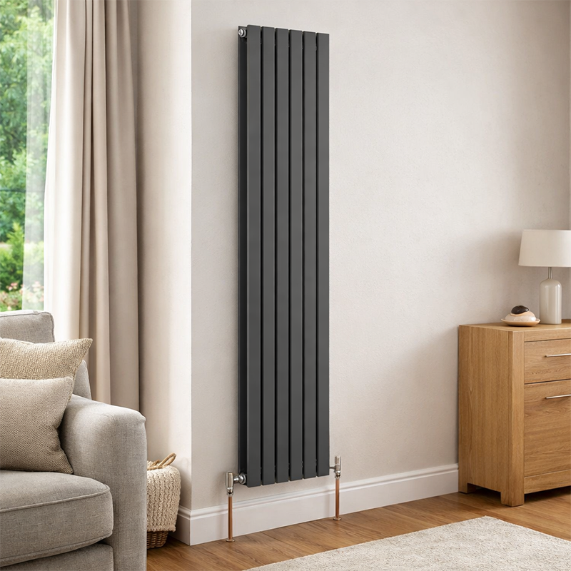 TRH Slimline Single Vertical Radiator 1800mm x 420mm Textured Anthracite Roomshot TRH Slimline Double Vertical Radiator 1800mm x 350mm Textured Anthracite - Image 1