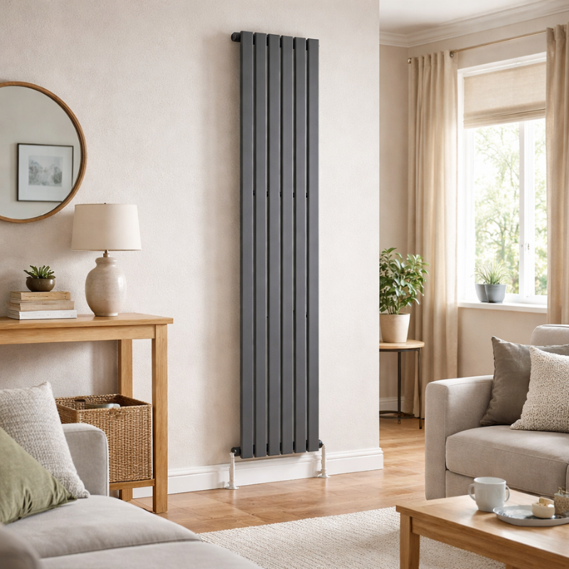 TRH Slimline Single Vertical Radiator 1800mm x 420mm Textured Anthracite Roomshot Designer Aluminium Radiators | The Radiator Hub