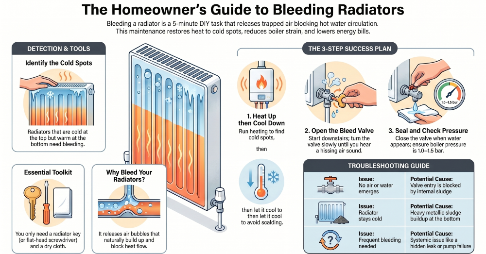 Comprehensive infographic explaining how to bleed radiators, including identifying cold spots, required tools, step-by-step instructions, boiler pressure checks, and common radiator troubleshooting tips.