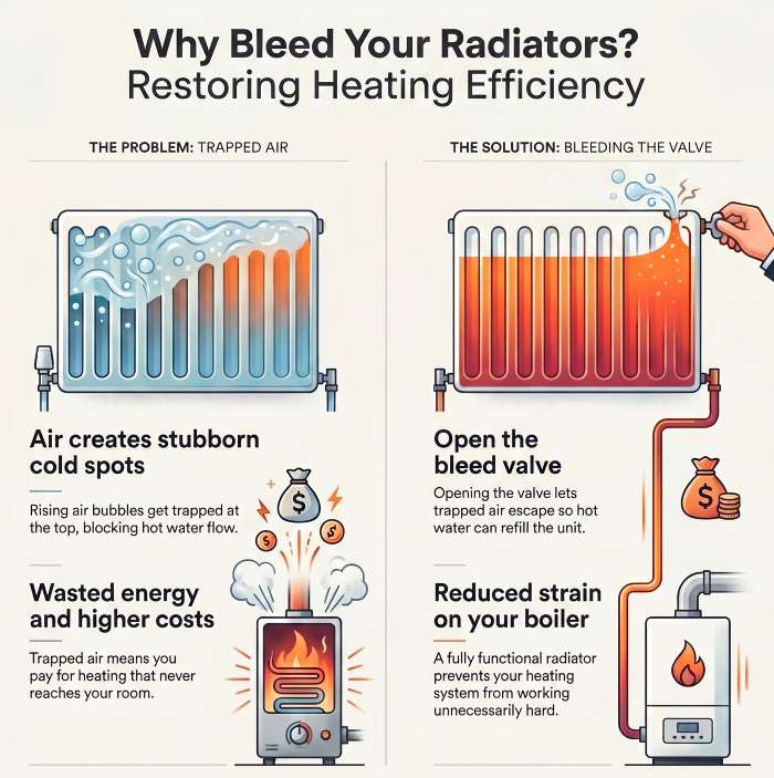 Infographic explaining why radiators should be bled, showing trapped air causing cold spots and higher heating costs, alongside a correctly bled radiator operating efficiently with reduced boiler strain.