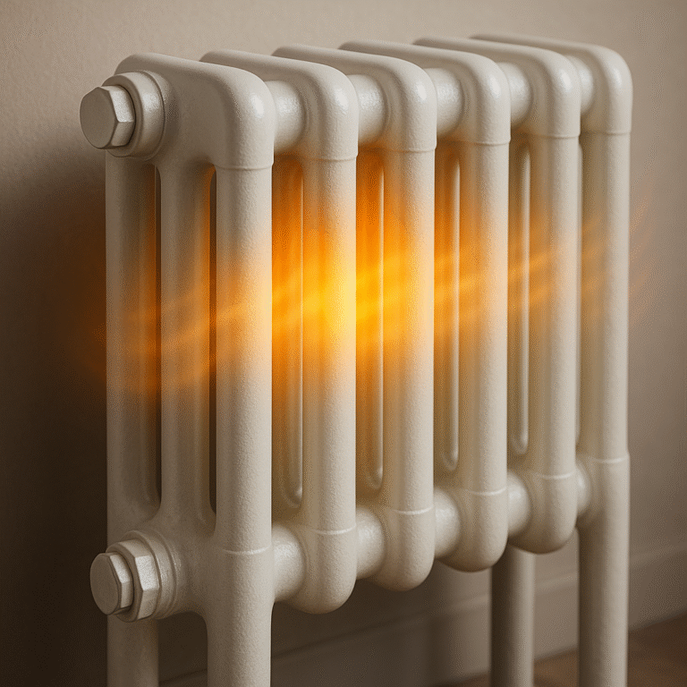 Diagram showing a modern column radiator made of vertical hollow tubes connected at the top and bottom, with heat glowing through the columns to illustrate warm water flow and radiant heat distribution.