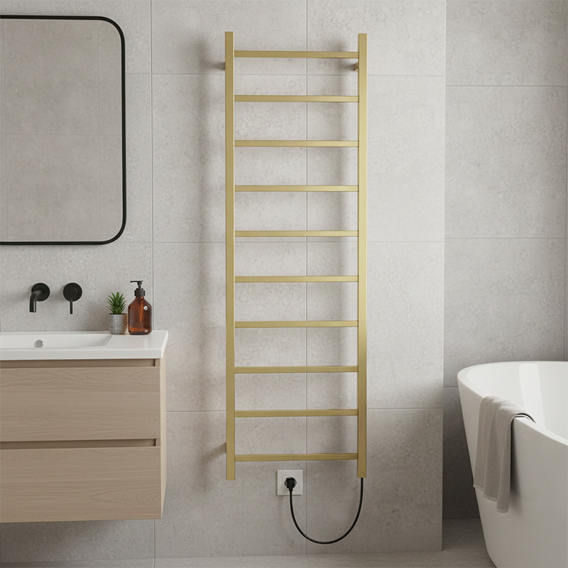 TRH Highclere Electric 1200mm x 500mm Brushed Brass Roomshot Designer Stainless Steel Vertical Radiator | The Radiator Hub