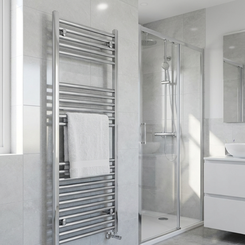 TRH Whitstable Electric Towel Rail Non Thermo 1186mm x 450mm Chrome Room Shot Designer Steel Vertical Radiator | The Radiator Hub