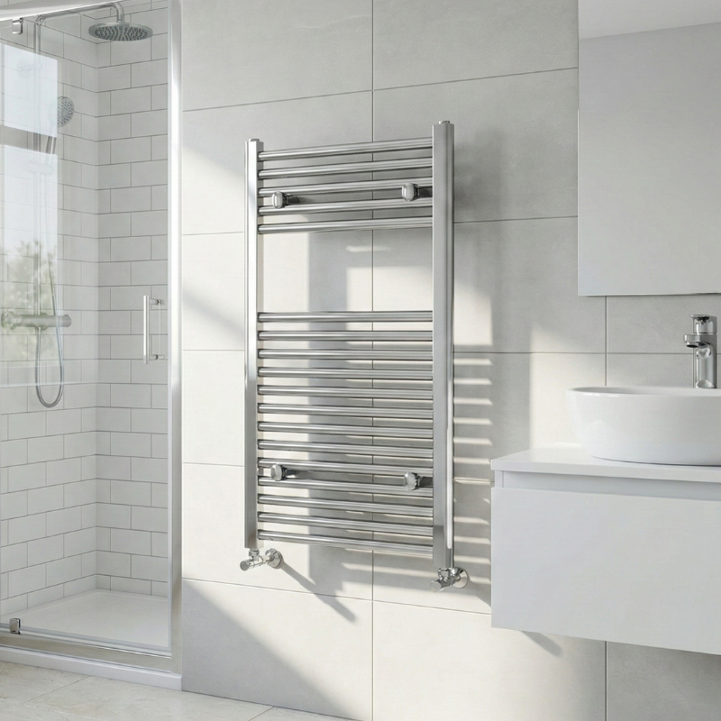 TRH Whitstable Electric Towel Rail Non Thermostatic 691mm x 450mm Chrome Room Shot Designer Steel Vertical Radiator | The Radiator Hub