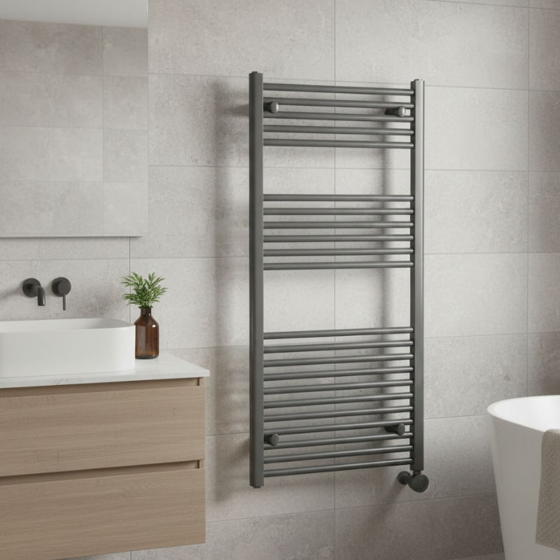 TRH Whitstable Thermo 1186mm x 450mm Anthracite Roomshot Designer Steel Vertical Radiator | The Radiator Hub