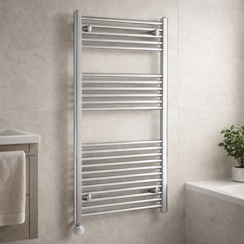 TRH Whitstable Thermo 1186mm x 600mm Chrome Roomshot Designer Steel Vertical Radiators | The Radiator Hub