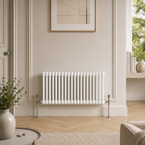 Create a premium photorealistic lifestyle image 1000 x 1000 using the attached radiator cutout as the EXACT radiator product. IMPORTANT: Keep the radiator EXACTLY the same: * Shape * Size * Proportions * Column count * Column spacing * Finish * Colour * Orientation Do NOT redesign, reinterpret, or modify the radiator in any way. Use the attached lifestyle image ONLY as inspiration for: * Room style * Mood * Composition * Lighting * Interior aesthetic The radiator from the cutout image MUST remain the exact product. --- Radiator Size & Scale Radiator Size: Horizontal Radiator 600mm x 1010mm White IMPORTANT: * Keep the radiator accurately proportioned to the provided real-world dimensions. * Maintain completely realistic scale within the room. * Do not stretch, widen, shorten, compress, or distort the radiator. * Large radiators should appear realistically large. * Smaller radiators should appear realistically compact. * Furniture, skirting boards, windows, valves, wall height, and flooring must scale naturally around the radiator size. * Use realistic UK interior proportions and standard ceiling heights. * The radiator must look physically believable and professionally installed. --- Room Style Modern UK interior Warm luxury minimalist aesthetic Soft natural daylight Realistic shadows and reflections Premium showroom-quality styling Neutral warm tones with modern furnishings High-end interior design look Luxury flooring Clean wall finishes Elegant and realistic décor --- Radiator Installation Details Add realistic chrome angled valves on BOTH bottom sides of the radiator. Pipes must come vertically from the floor into the valves. NO valves at the top of the radiator. NO floating radiator. Pipework must look realistic, subtle, elegant, and professionally installed. Maintain realistic spacing between radiator, wall, floor, and valves. --- Image Style Photorealistic Ultra realistic interior rendering Soft depth of field Natural lighting Realistic material textures Premium ecommerce lifestyle photography look Suitable for: * Premium ecommerce websites * Category banners * Product hero images * Social media promotions * Brochure imagery --- Composition The radiator must remain the focal point. Leave enough surrounding room detail to make the scene feel realistic and lived in. Keep proportions natural and believable. Maintain realistic perspective and camera angle. Do not crop the radiator awkwardly. Ensure balanced room composition. --- Colour & Finish Accuracy The radiator colour and finish MUST remain fully consistent across the entire product. Top, middle, and bottom sections must match perfectly. Do not create darker or lighter areas on radiator ends. Do not add artificial gradients or inconsistent shading to the radiator finish. Maintain the exact original finish from the cutout image. --- Negative Instructions No extra columns No missing columns No distorted proportions No redesigning the radiator No changing radiator finish No changing radiator colour No unrealistic AI artefacts No warped furniture No warped walls No bent pipes No floating valves No unrealistic reflections No exaggerated shadows No incorrect perspective No unrealistic room scaling No low-quality textures No showroom-style fake lighting No top valves No incorrect pipe placement No changing radiator depth or thickness No gloss inconsistency No uneven radiator colouring No altered radiator caps/end details