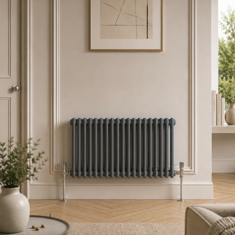 Aura 2 Column Horizontal Radiator 600x1010mm Anthracite installed in a modern neutral living room with wooden flooring and decorative wall panelling.