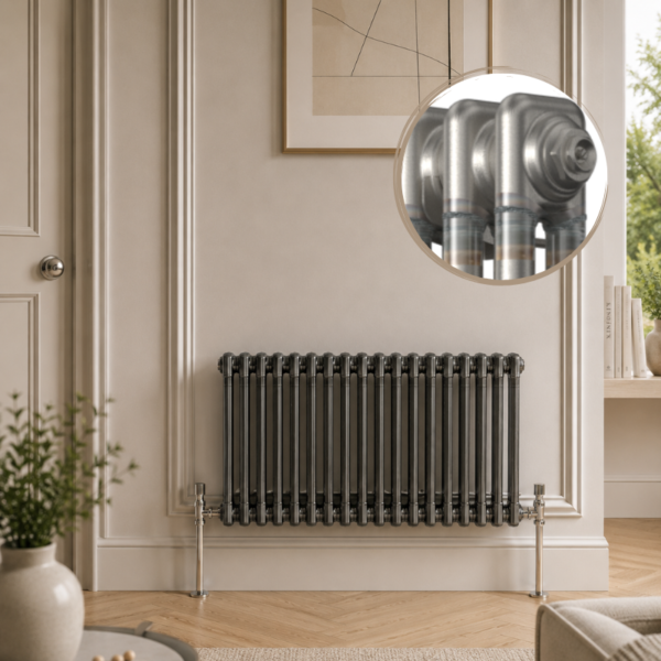 Aura 2 Column Horizontal Radiator 600x1010mm Raw Metal installed in a modern neutral living room with wooden flooring and decorative wall panelling.