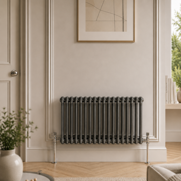 Aura 2 Column Horizontal Radiator 600x1010mm Raw Metal installed in a modern neutral living room with wooden flooring and decorative wall panelling.