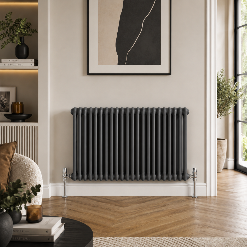Aura 2 Column Horizontal Radiator 600x1100mm Anthracite installed in a modern living room with wooden flooring and contemporary décor.