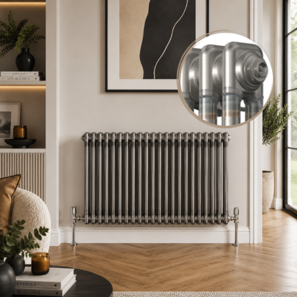 Aura 2 Column Horizontal Radiator 600x1100mm Raw Metal installed in a modern living room with wooden flooring and contemporary décor.