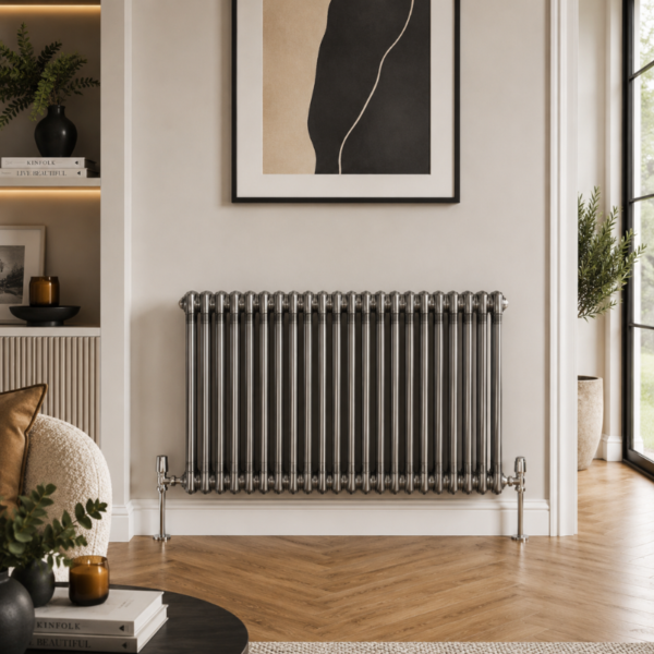 Aura 2 Column Horizontal Radiator 600x1100mm Raw Metal installed in a modern living room with wooden flooring and contemporary décor.