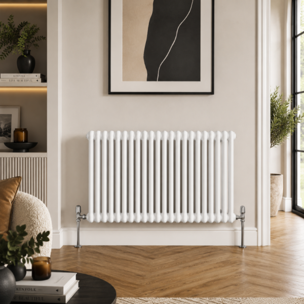Aura 2 Column Horizontal Radiator 600x1100mm White installed in a modern living room with wooden flooring and contemporary décor.