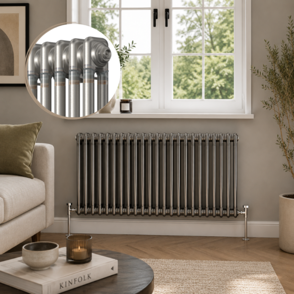 Aura 2 Column Horizontal Radiator Raw Metal installed beneath a large window in a modern living room with neutral décor and wooden flooring.